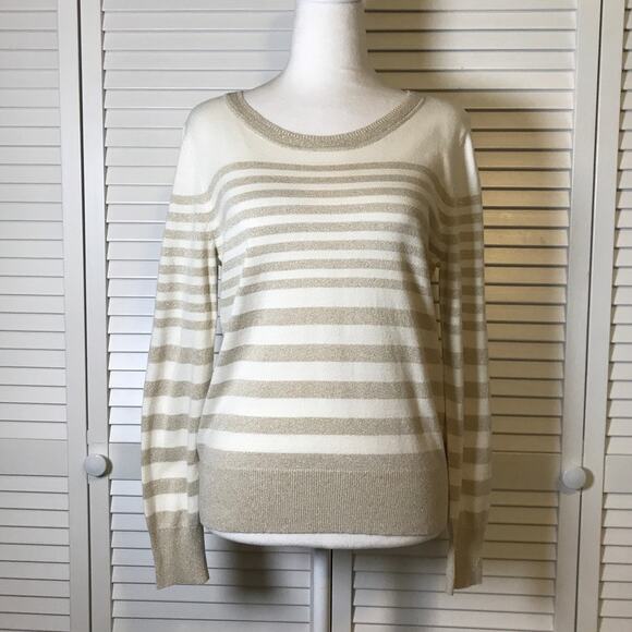 Worthington White Gold Striped Round Neck Long Sleeve Sweater L - Picture 1 of 6